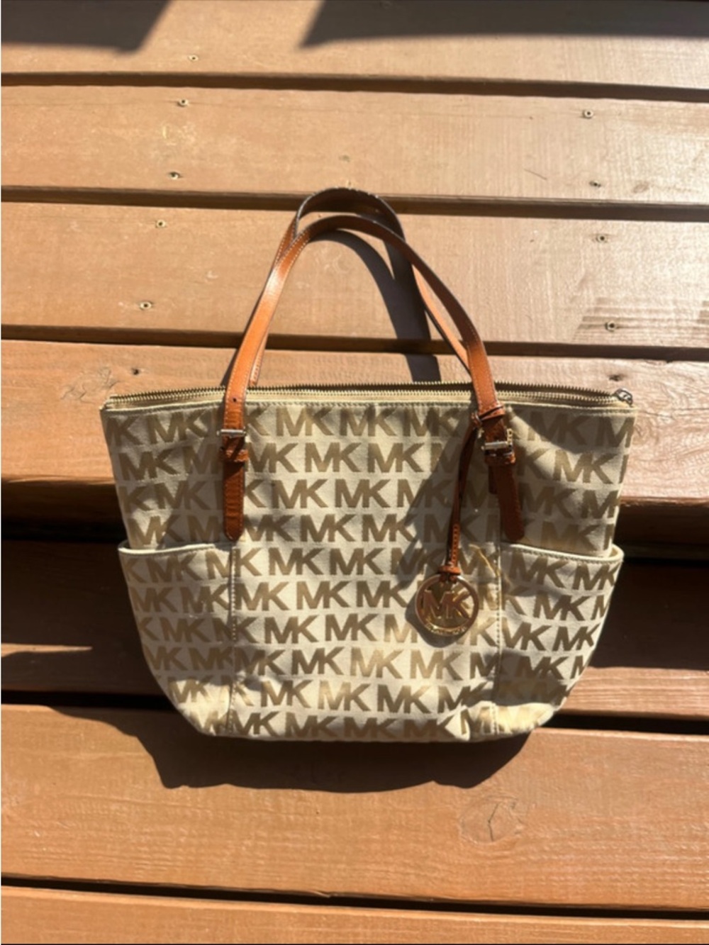 Michael Kors Beige MK Signature Tote with Tan Leather Handles